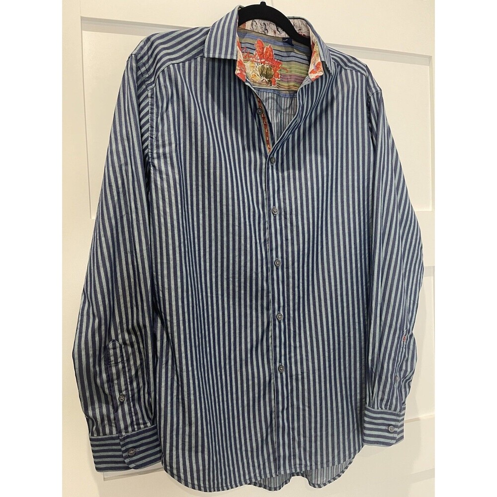 Robert Graham Men's Size L Blue Striped Flip Cuffs Long Sleeve Casual Shirt